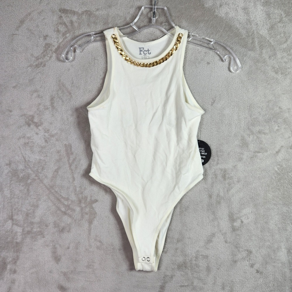 Fct With Love Basics Bodysuit Women Small Ivory Gold Chain Ribbed Glam Stretch